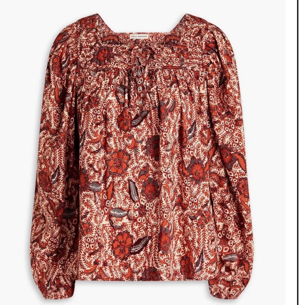 Ulla Johnson Orange and Cream Smocked Blouse with Puff Sleeves